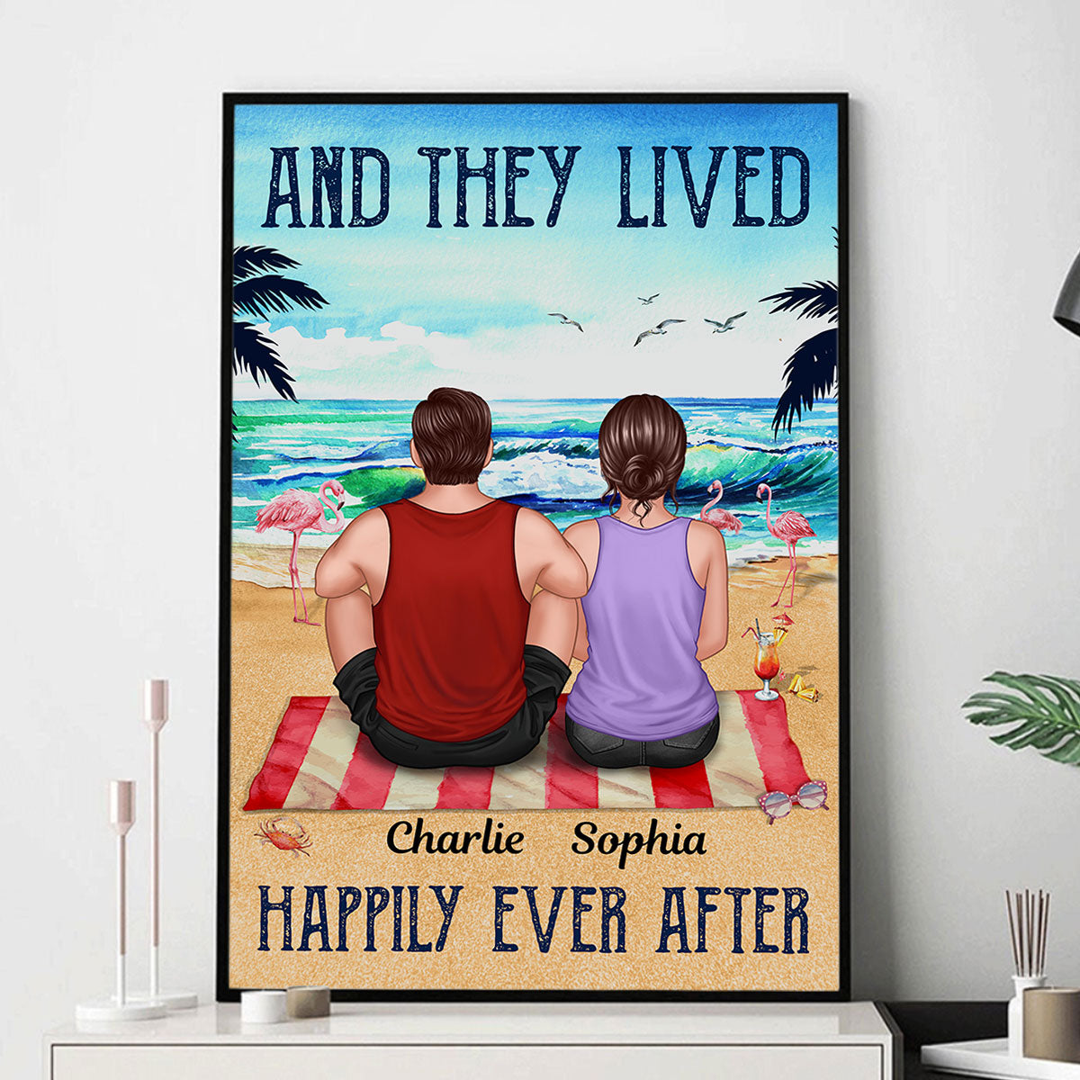 Vintage Couple Back View Sitting On The Beach Summer Personalized Vertical Poster