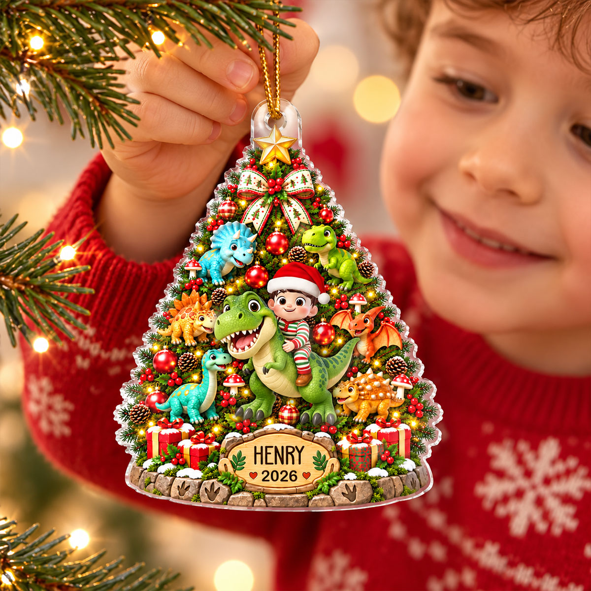 Cute Kid Riding Dinosaur Christmas Tree 2D Flat – Personalized Acrylic Ornament – Christmas Gift For Kids, Dinosaur Lovers