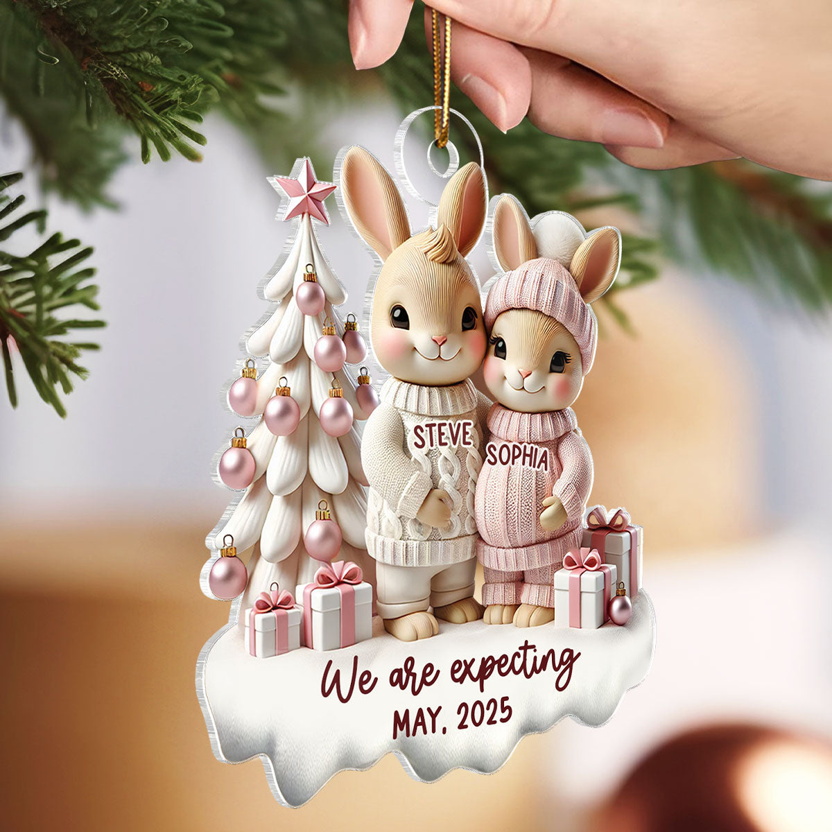 3D Effect Bunny Couple Pregnant Expecting New Baby Christmas Personalized Acrylic Ornament, Pregnancy Announcement Keepsake