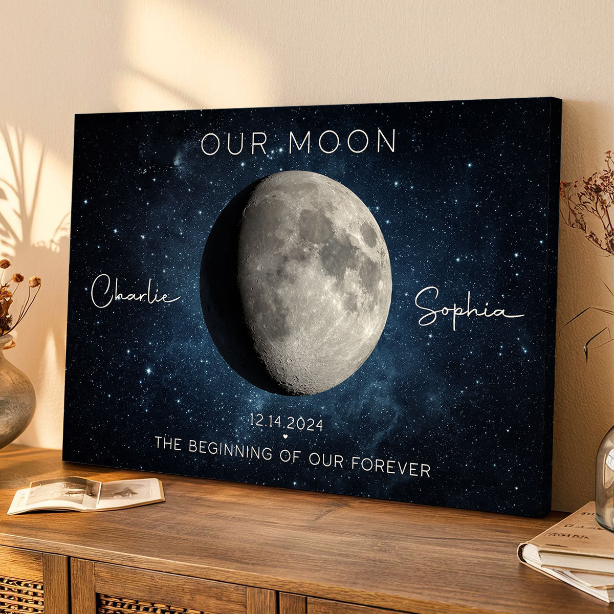 Our Moon Couple Gift Moon Phase Art Anniversary Gift For Wife, Gift for Husband Wedding Gift Personalized Canvas