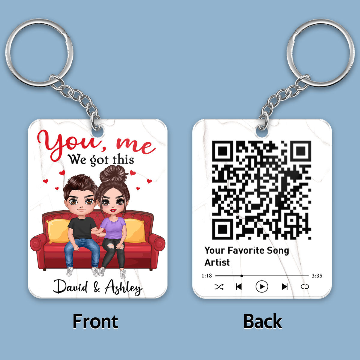 Doll Couple Sitting On Sofa Favorite Song Scannable QR Code Personalized Acrylic Keychain