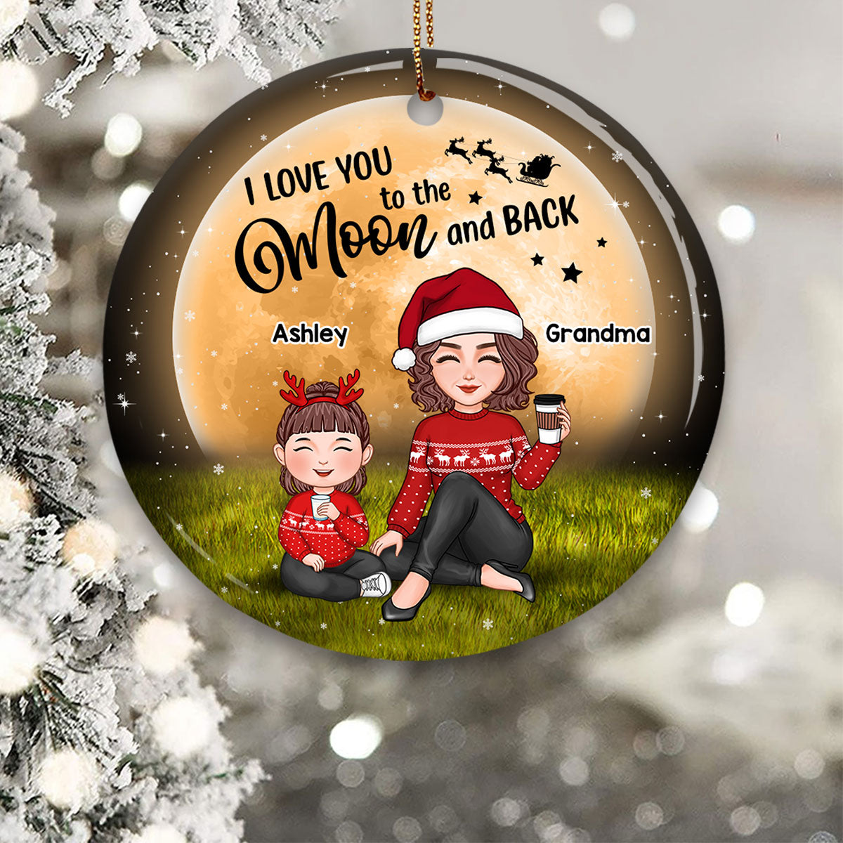 Cute Grandma Sitting With Grandkids In Moonlight Christmas Personalized Circle Ornament