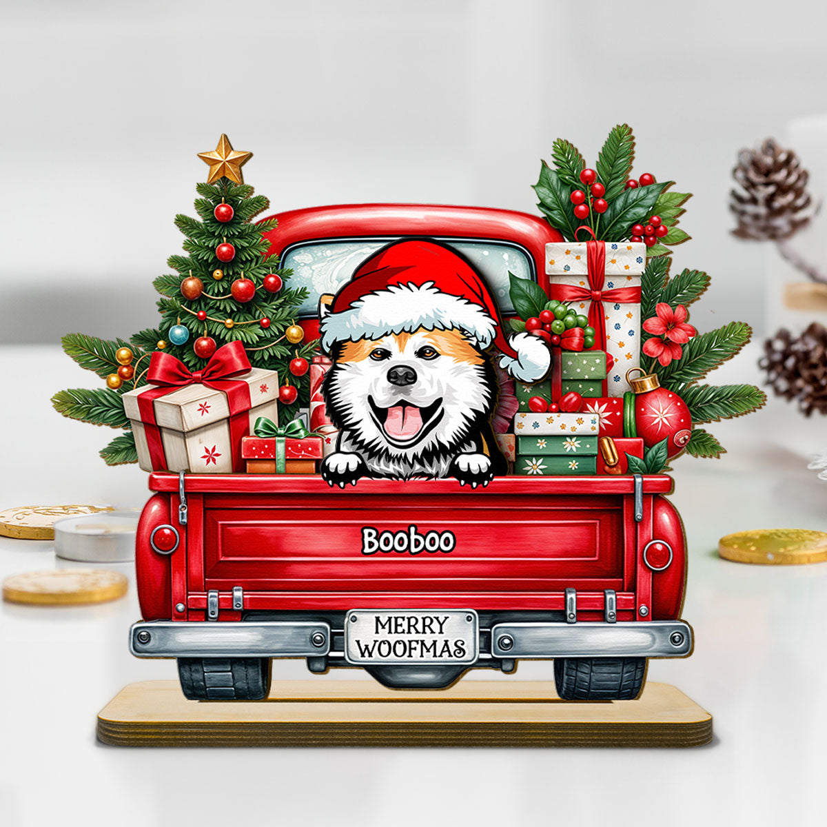 Merry Woofmas Dogs On Truck Personalized Standing Wooden Plaque, Christmas Gift For Dog Mom Dog Dad