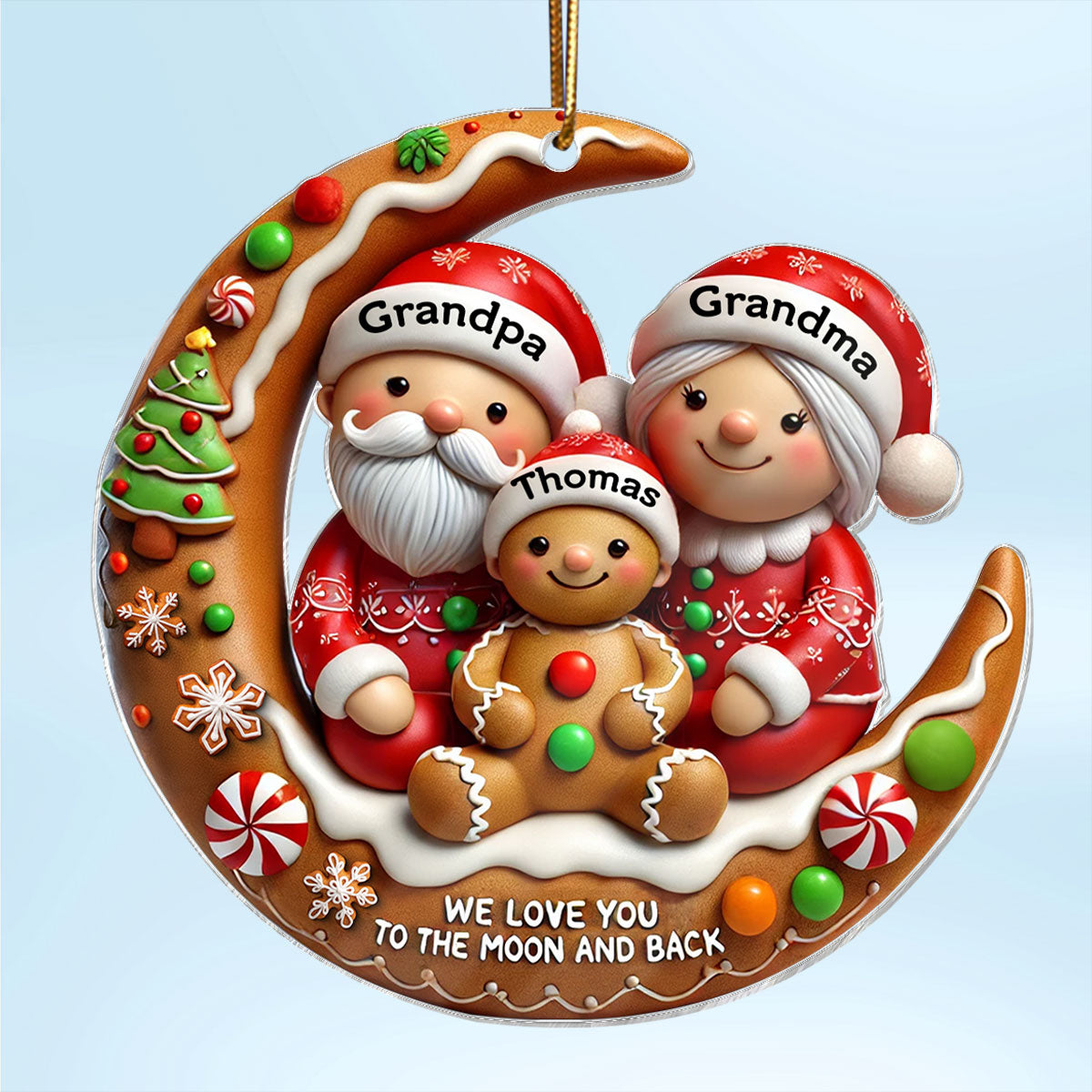 3D Effect Gingerbread Grandma Grandpa Hugging Grandkid On Moon Christmas Personalized Acrylic Ornament, Gift For Granddaughter, Grandson