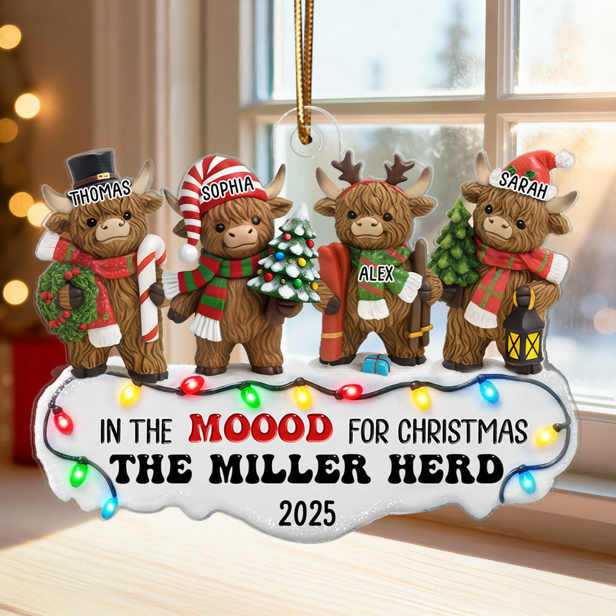 3D Effect Highland Cows Standing Family Herd In The Moood For Christmas - Personalized Acrylic Ornament