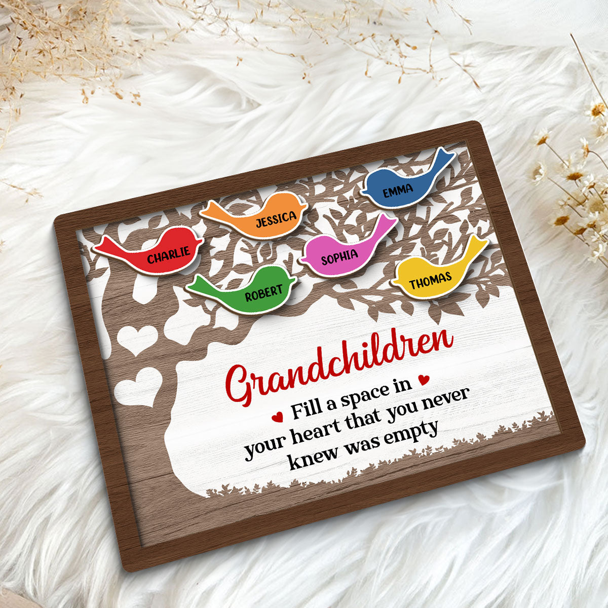 Grandchildren Fill Space In In Your Heart Birds On Tree Personalized 2-Layer Wooden Plaque