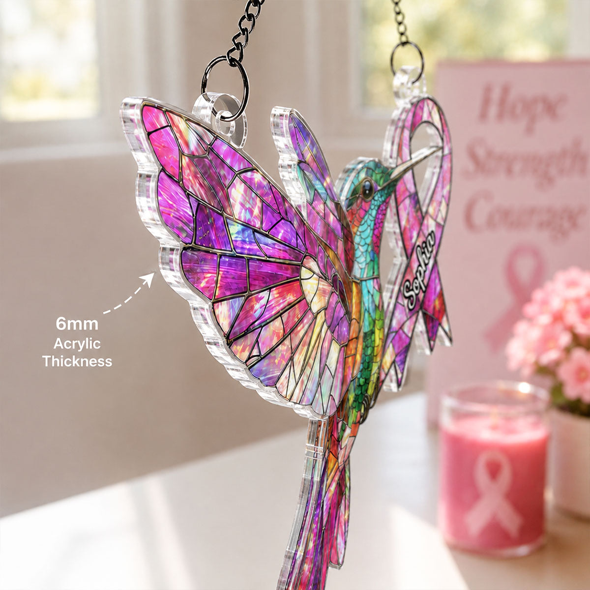 Hummingbird Pink Ribbon Custom Name - Personalized Acrylic Window Hanger - Breast Cancer Awareness Gift