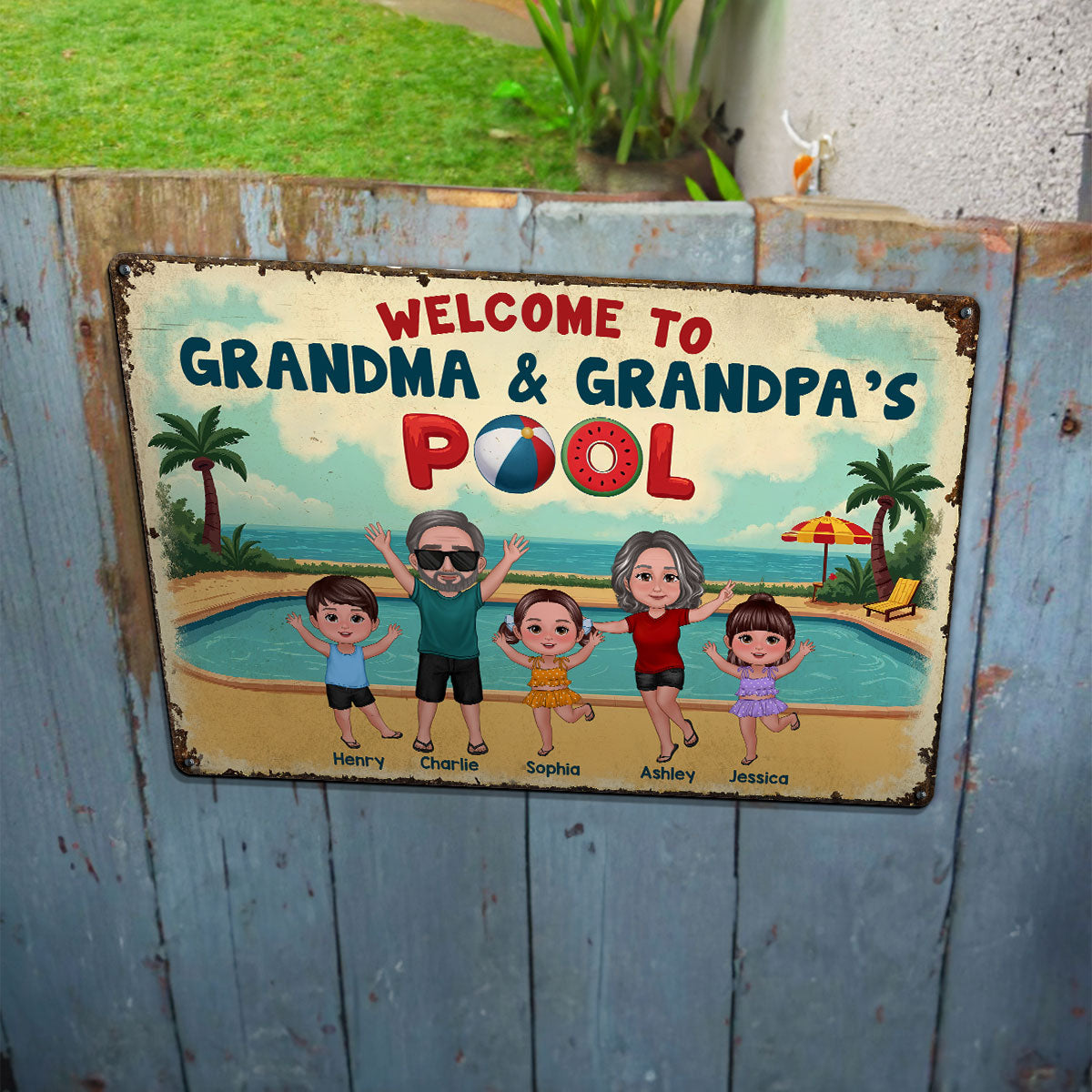 Summer Vibe Welcome To Grandpa Grandma Grandparents Pool Personalized Metal Sign