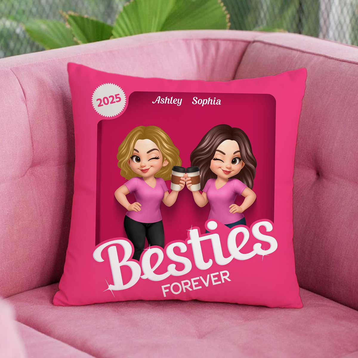Besties Partners In Crime Pink Action Figure 3D Effect Personalized Pillow