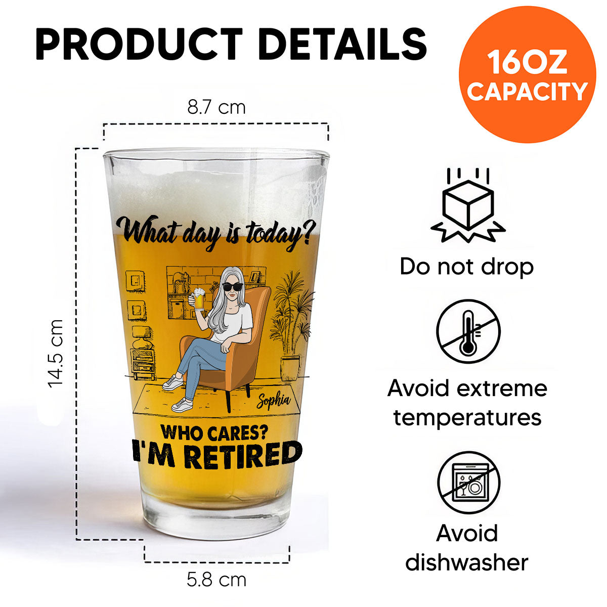 Woman Man Sitting I'm Retired You Can't Make Me Custom Calendar Personalized Beer Glass, Retirement Gift