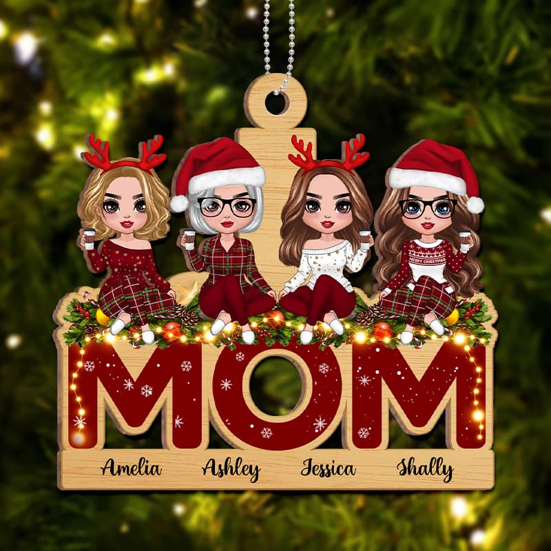 Doll Mom And Daughters Sitting On Word Personalized Wooden Ornament