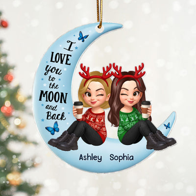 Christmas Besties Sisters Sitting On Moon 3D Effect Personalized Acrylic Ornament
