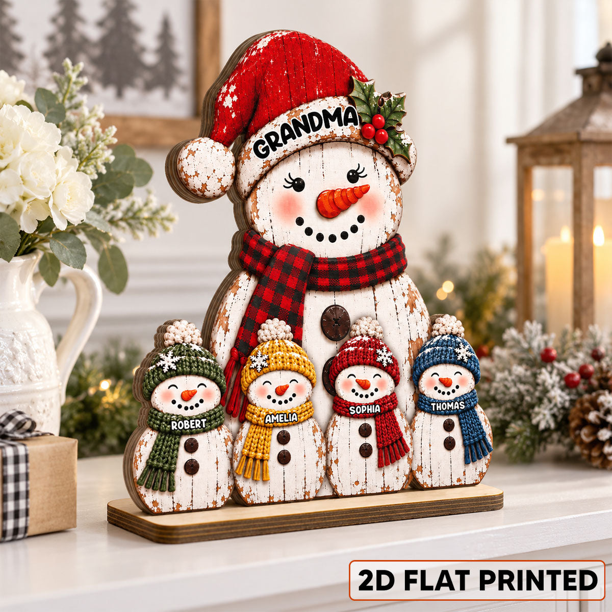Rustic Grandma Grandkids Snowman - Personalized 2-Layered Wooden Plaque - Christmas Decor For Grandma, Mom