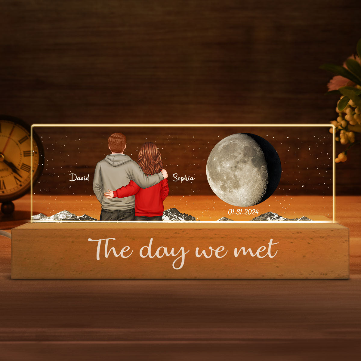 Back View Couple Custom Moon Phases The Day We Met Personalized Acrylic Block LED Night Light, Heartfelt Gift For Couple, For Him, For Her, Boyfriend, Girlfriend, Husband, Wife