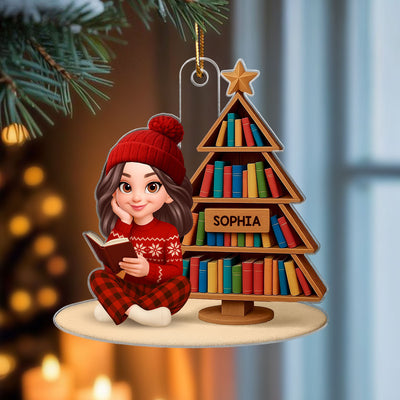 Christmas Cozy Vibe Pretty Girl Reading Book - Personalized Acrylic Ornament - Gift For Book Lovers