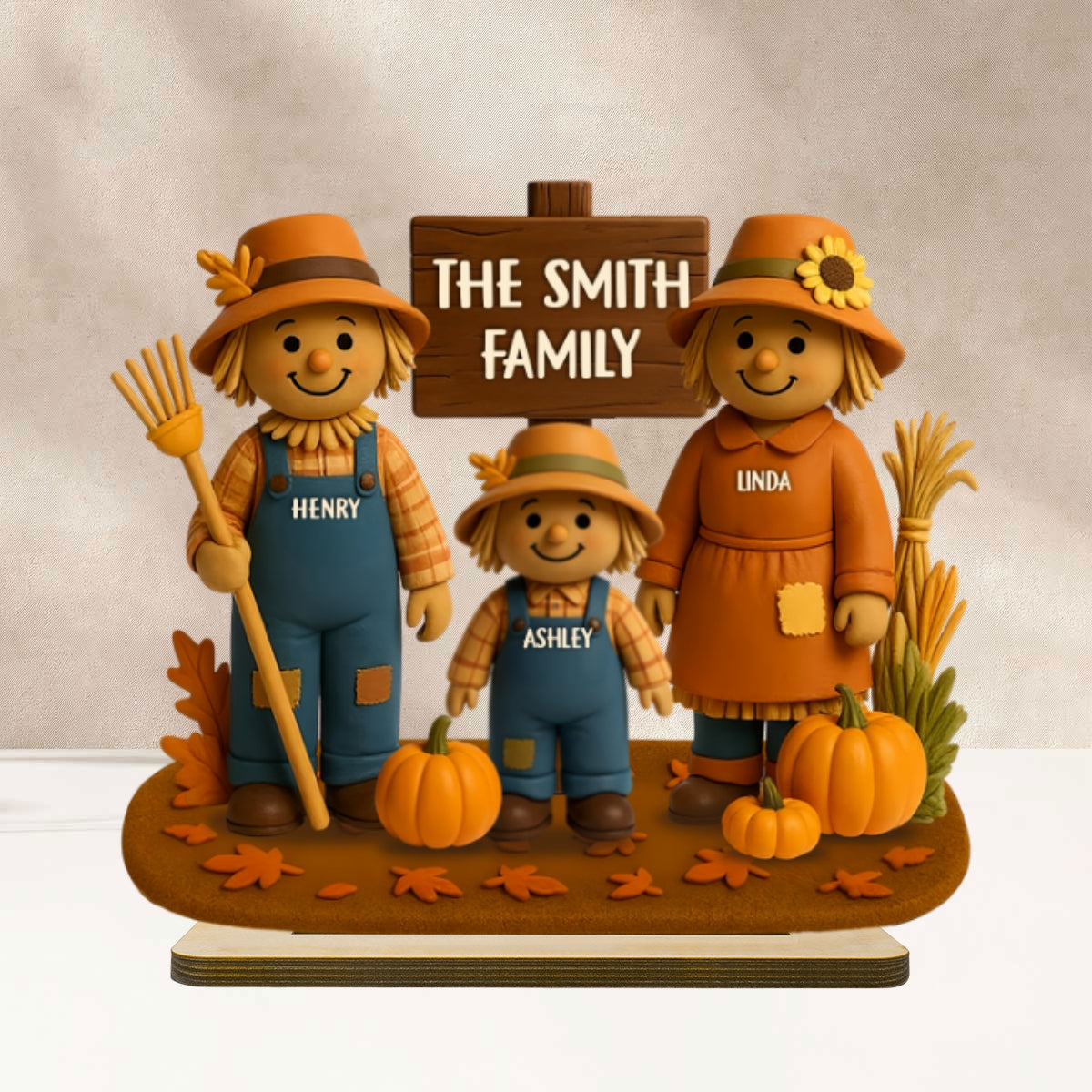 Fall Season Scarecrow Grandparents, Grandkids 3D Effect Personalized 2-Layer Wooden Plaque