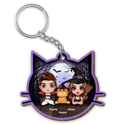 Halloween Couple And Fluffy Cats Cat Face Shape Personalized Wooden Keychain