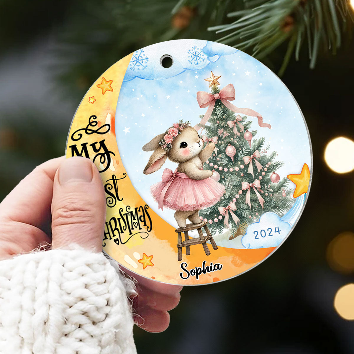 Baby's First Christmas Rabbit On Moon Personalized Acrylic Ornament, Baby's First Christmas Keepsake for New Mom New Dad