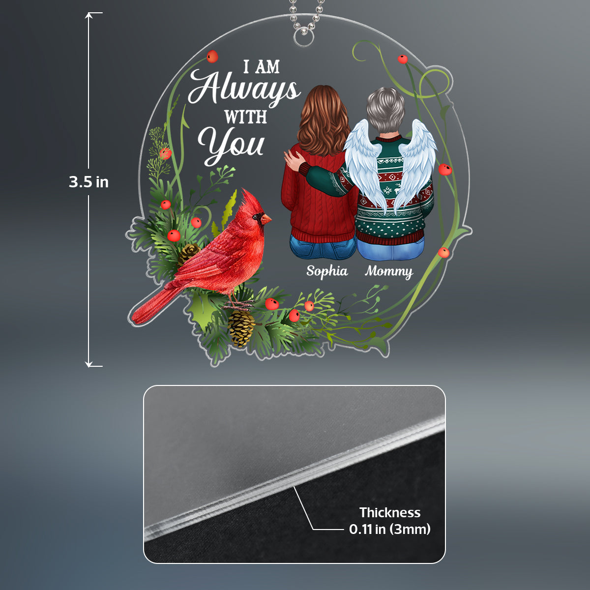 Always With You Cardinal Wreath Remembrance Memorial Keepsake Christmas Personalized Acrylic Ornament