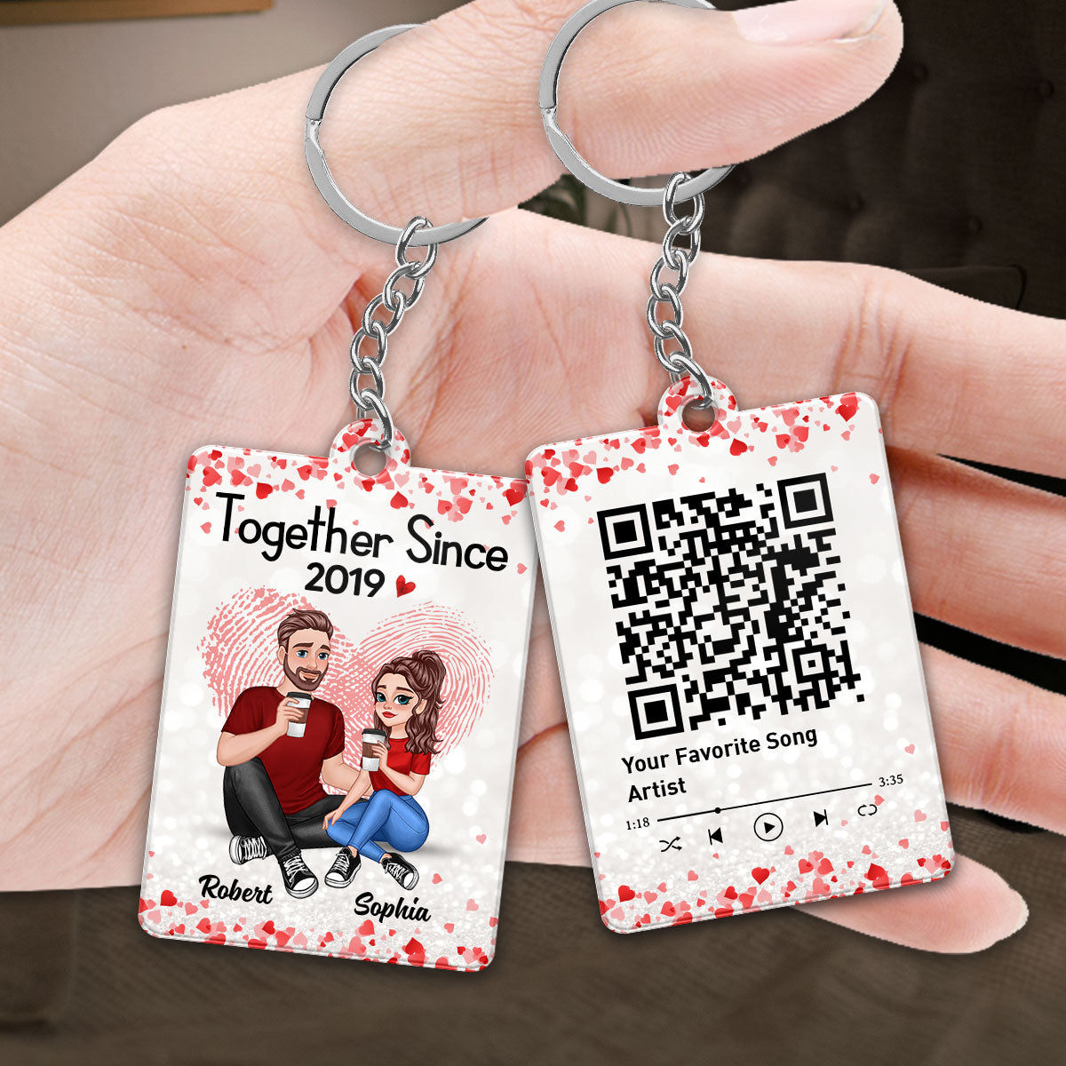 Cartoon Couple Sitting Together Since Fingerprint Heart Favorite Song Scannable QR Code Personalized Acrylic Keychain