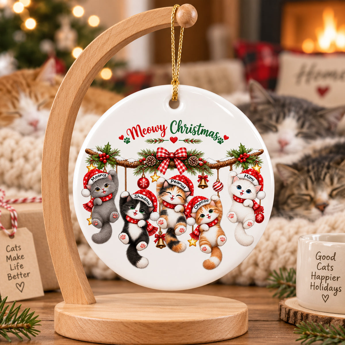 Meowy Christmas Cute Cats Hanging - Personalized Ceramic Ornament - Christmas Gift for Cat Lovers