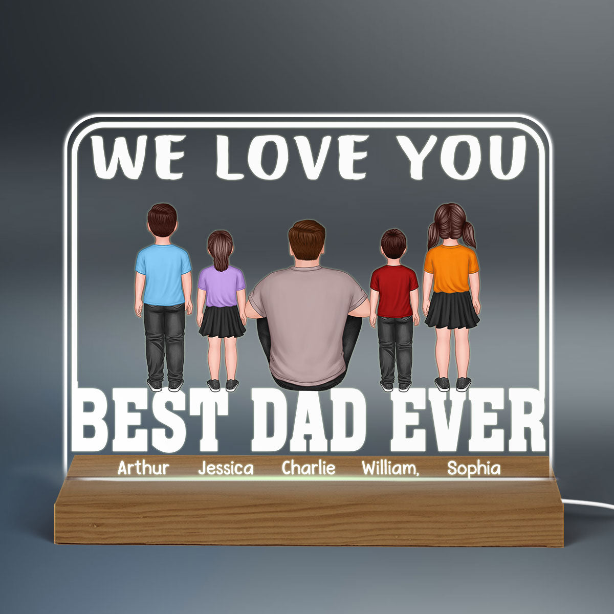 Best Dad Ever Man Sitting Kids Standing Personalized Warm Acrylic Custom Shape LED Night Light