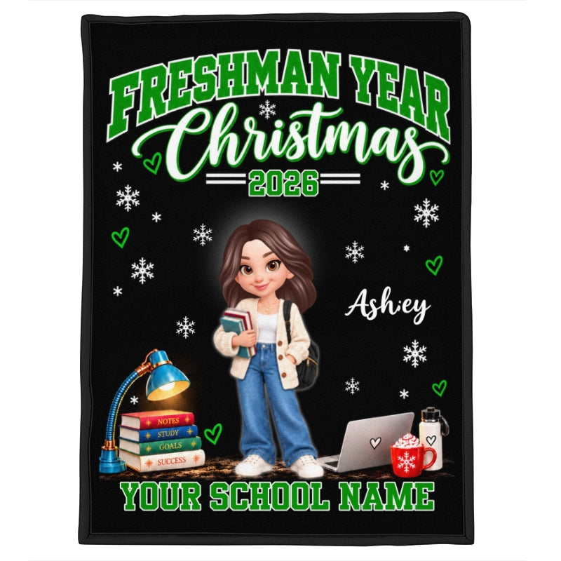 Freshman Year Christmas Custom Name & School Name - Personalized Fleece Blanket - Christmas Gift For College Freshman, Boy, Girl, Grandkids, College Students
