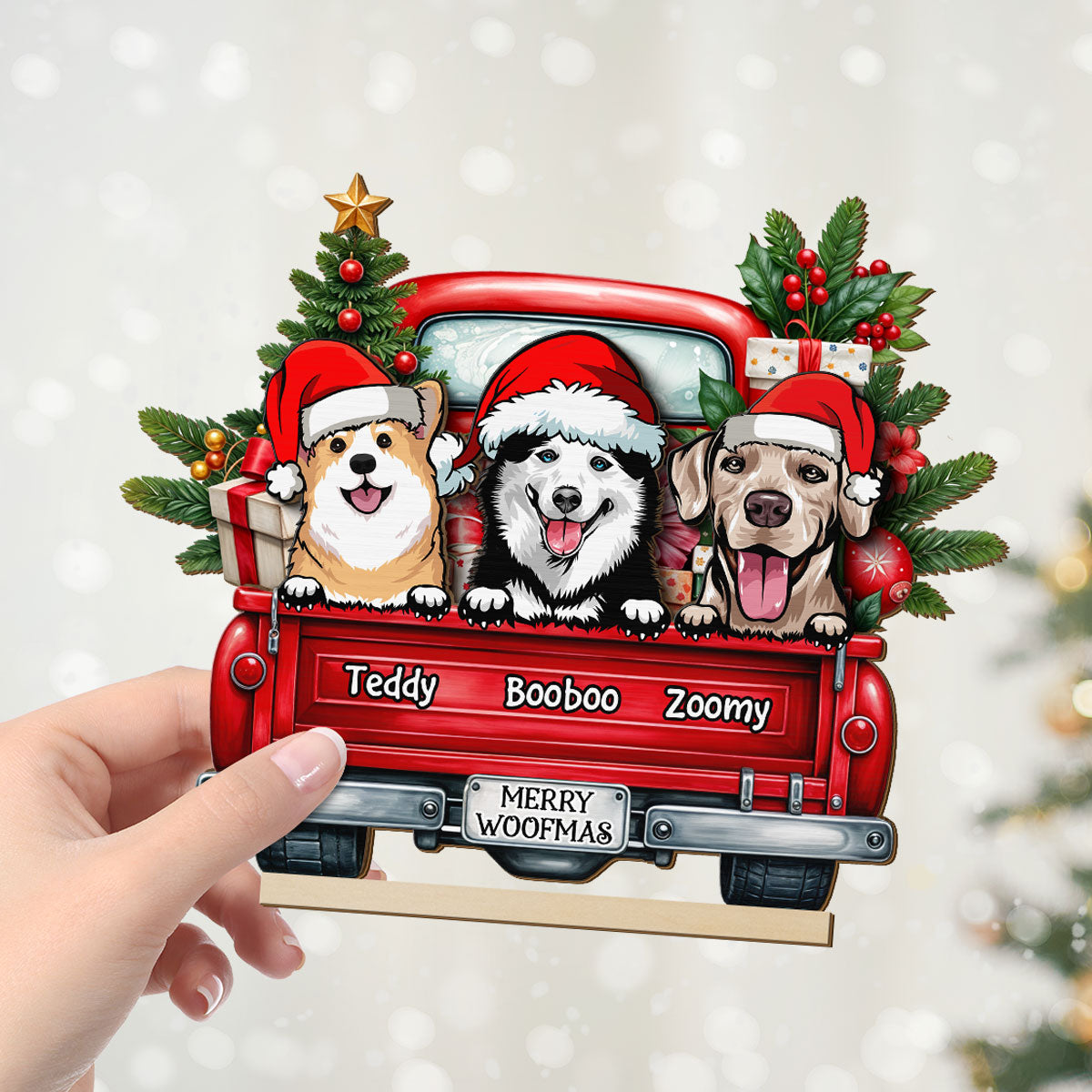 Merry Woofmas Dogs On Truck Personalized Standing Wooden Plaque, Christmas Gift For Dog Mom Dog Dad