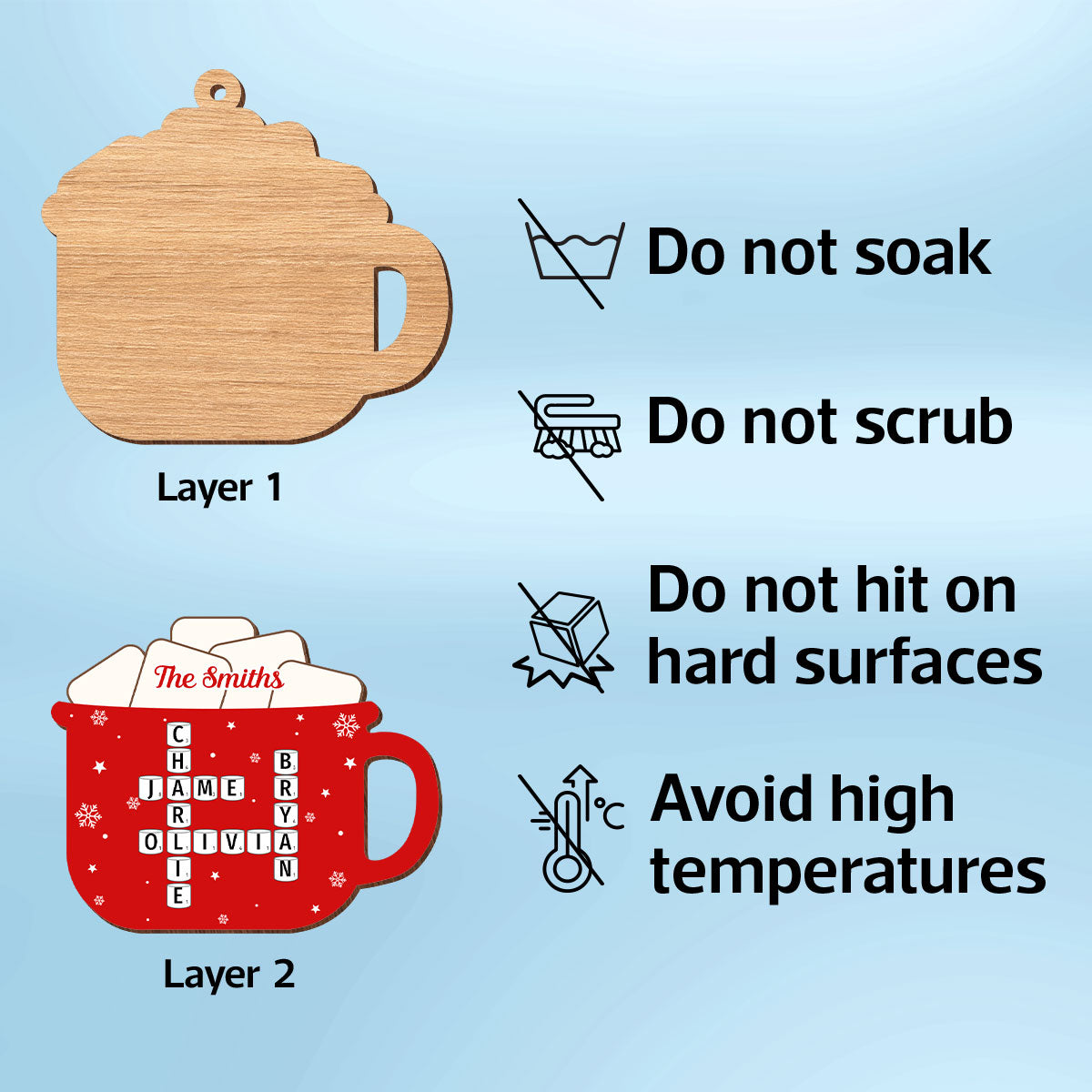 Hot Cocoa Christmas Family Marshmallows Personalized 2-Layer Wooden Ornament