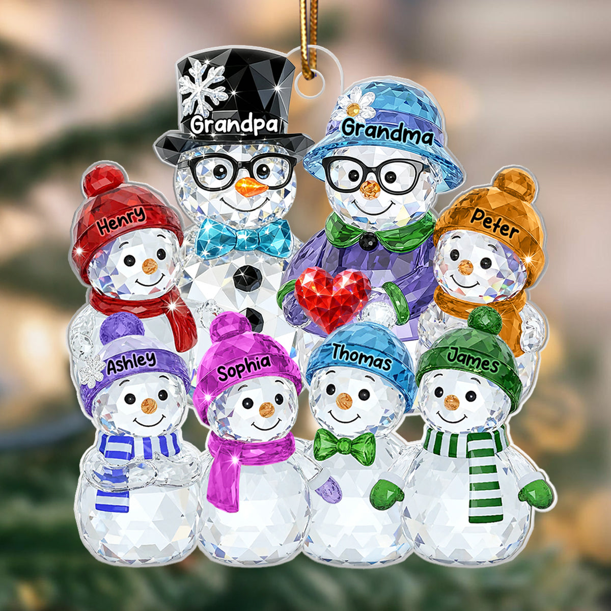 Grandparents And Grankids Snowman Pattern Crystal - Personalized Acrylic Ornament - Heartwarming Christmas Gift For Grandpa, Grandma, Grandparents