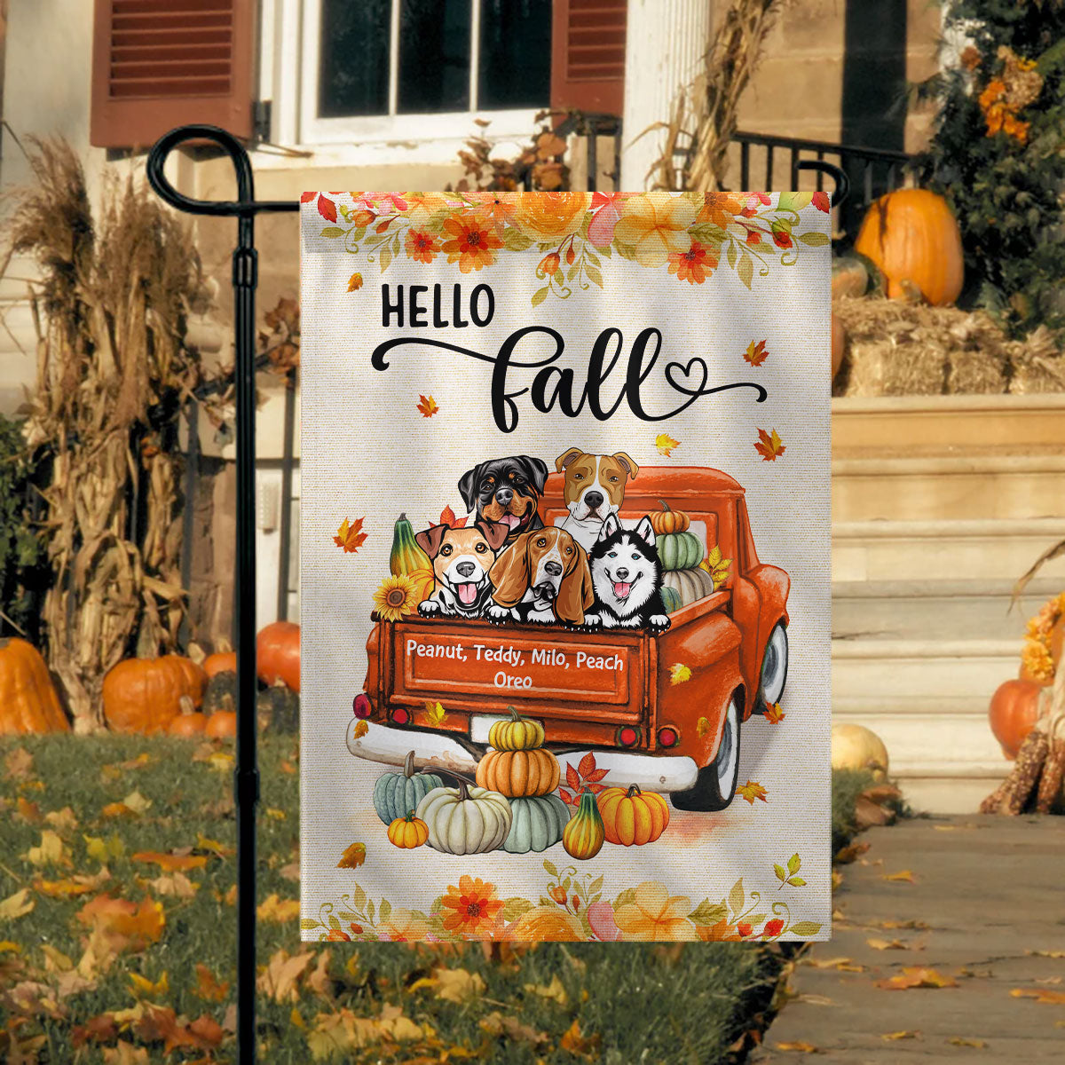 Hello Fall Dogs And Cats On Truck - Personalized Garden Flag