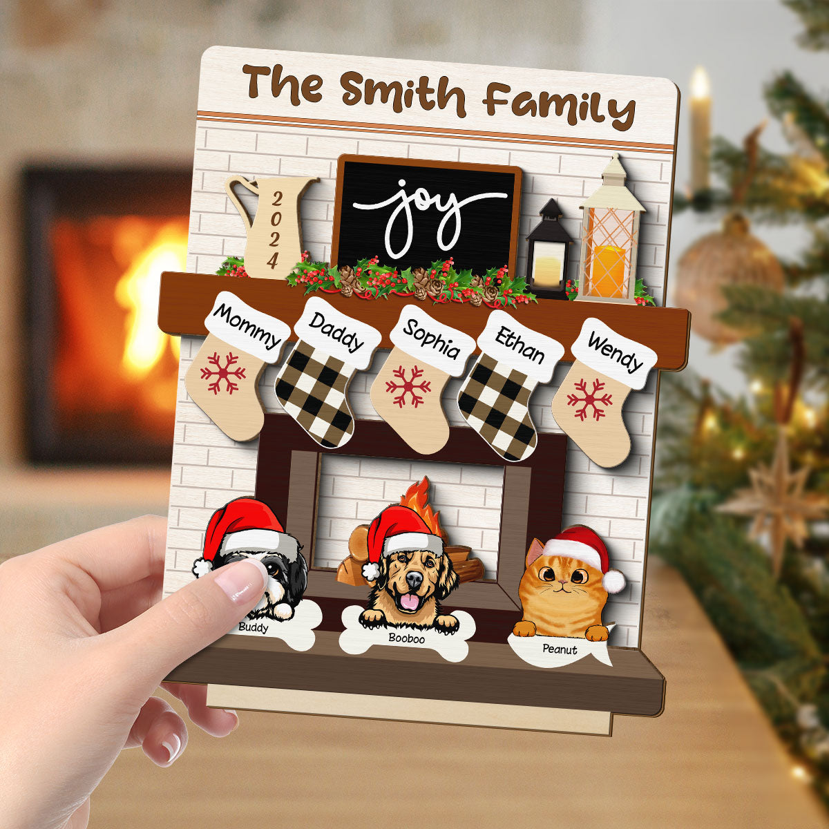 Family With Dog Cat Stockings Fireplace Personalized 2-Layer Standing Wooden Plaque, Christmas Mantle Table Topper