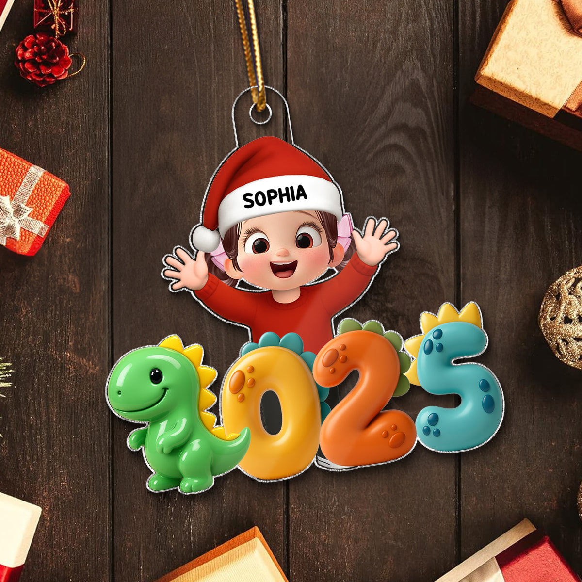 3D Effect Happy Kid With Dinosaur Numbers - Personalized Acrylic Ornament - Christmas Gift For Kids, Grandkids, Granddaughter, Grandson