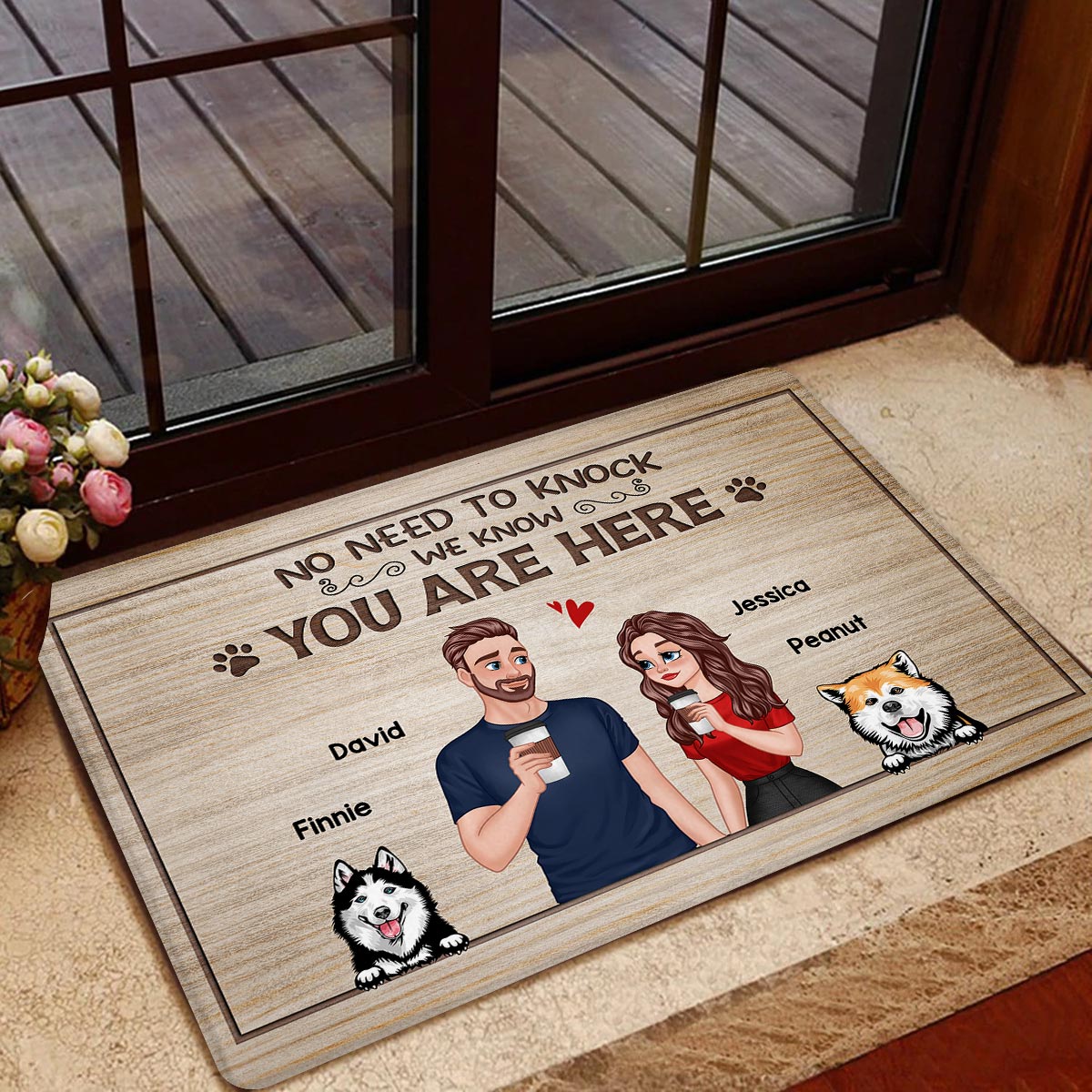 No Need To Knock Cartoon Couple & Dogs Personalized Doormat