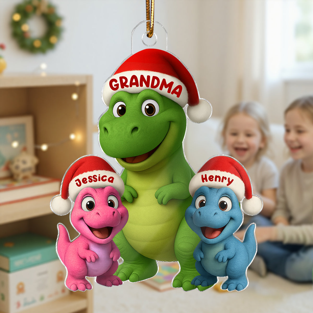 3D Effect Cute Christmas Dinosaur Grandmasaurus And Grandkids - Personalized Acrylic Ornament - Gift For Grandkids, Grandmas