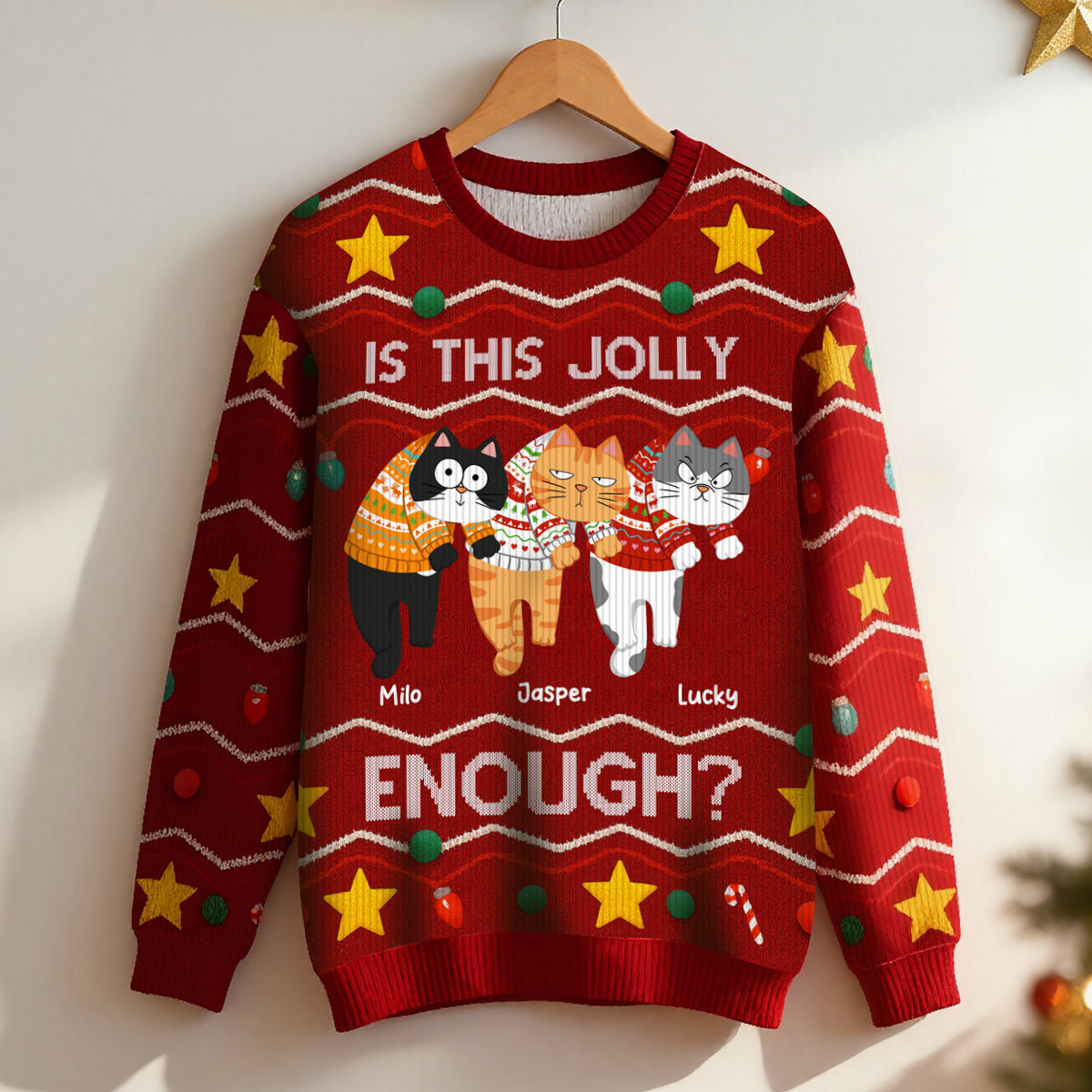 Christmas Hanging Cats Meowy Catmas - Personalized Ugly Sweater - Gift For Cat Lovers