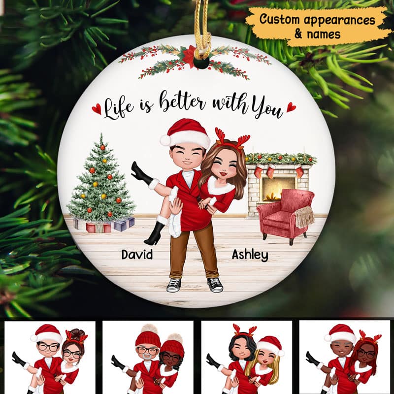 Couple Man Holding Woman Life Is Better With You Personalized Circle Ornament