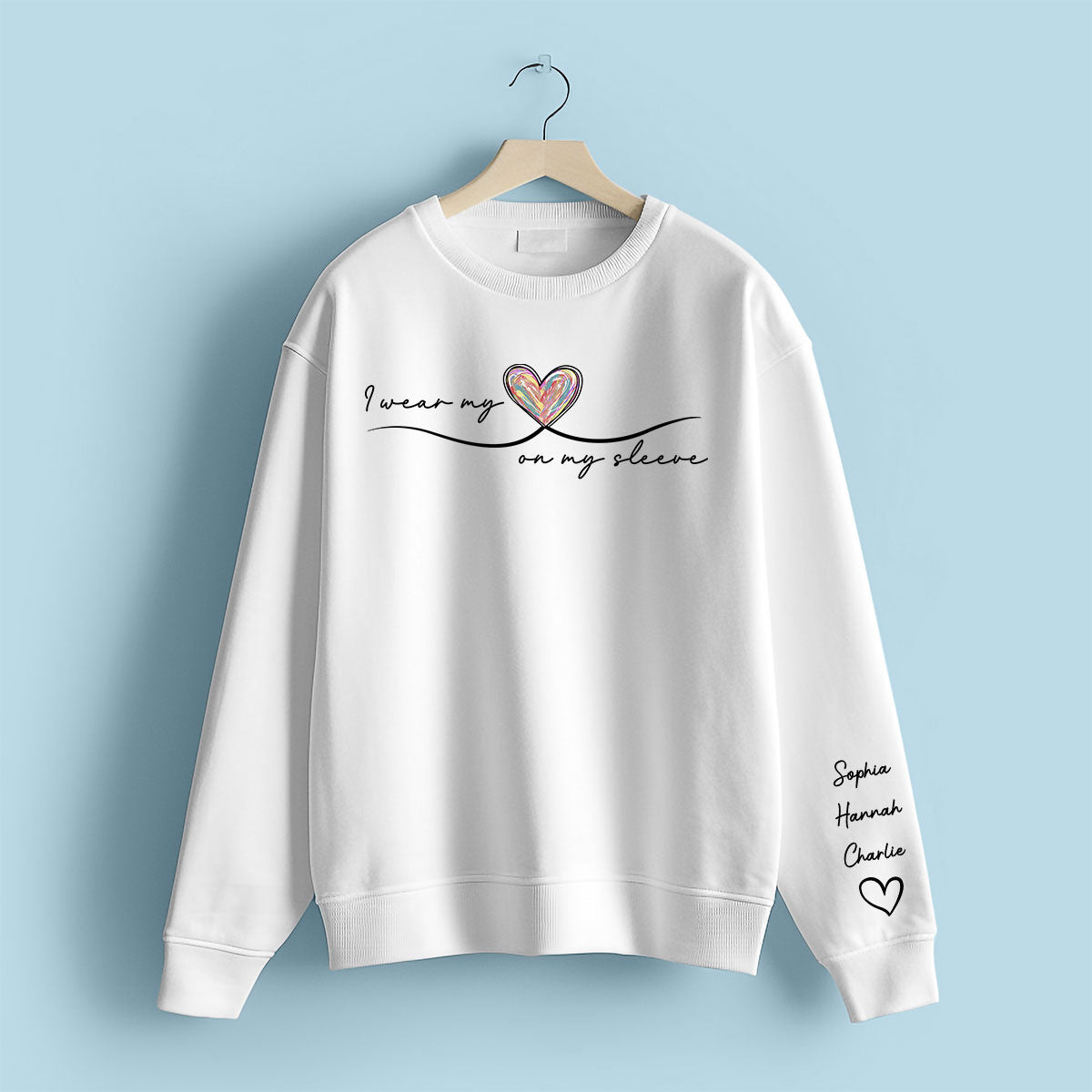Grandma Wears Her Heart On Her Sleeve, Colorful Heart, Gift For Grandma And Mom, Personalized Sleeve Printed Sweatshirt