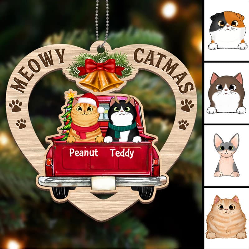 Heart Shape Peeking Cats In Christmas Truck Personalized Wooden Ornament