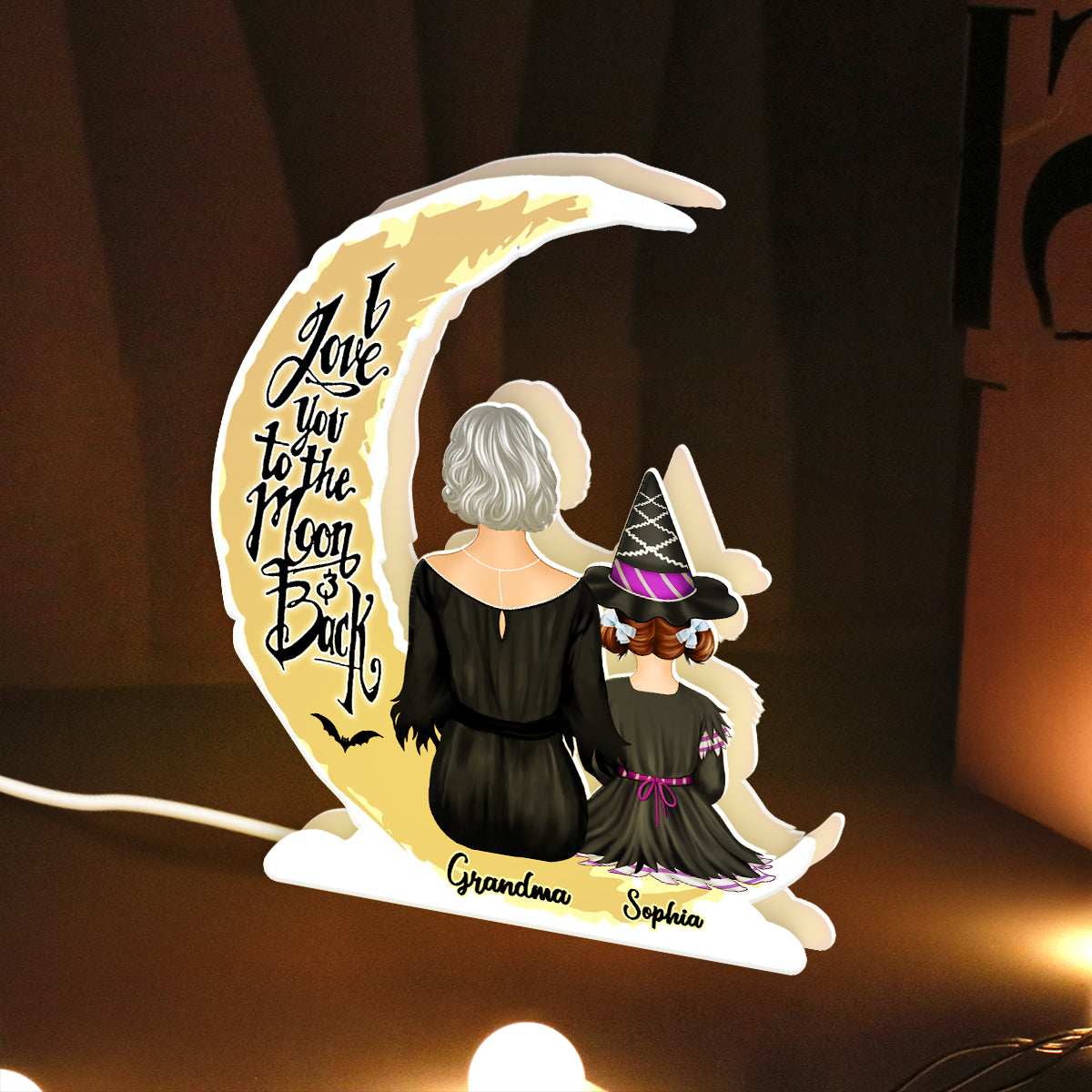 Grandma Grandkids On Moon Back View Halloween Personalized Light Box, Halloween Indoor Decor for Grandma