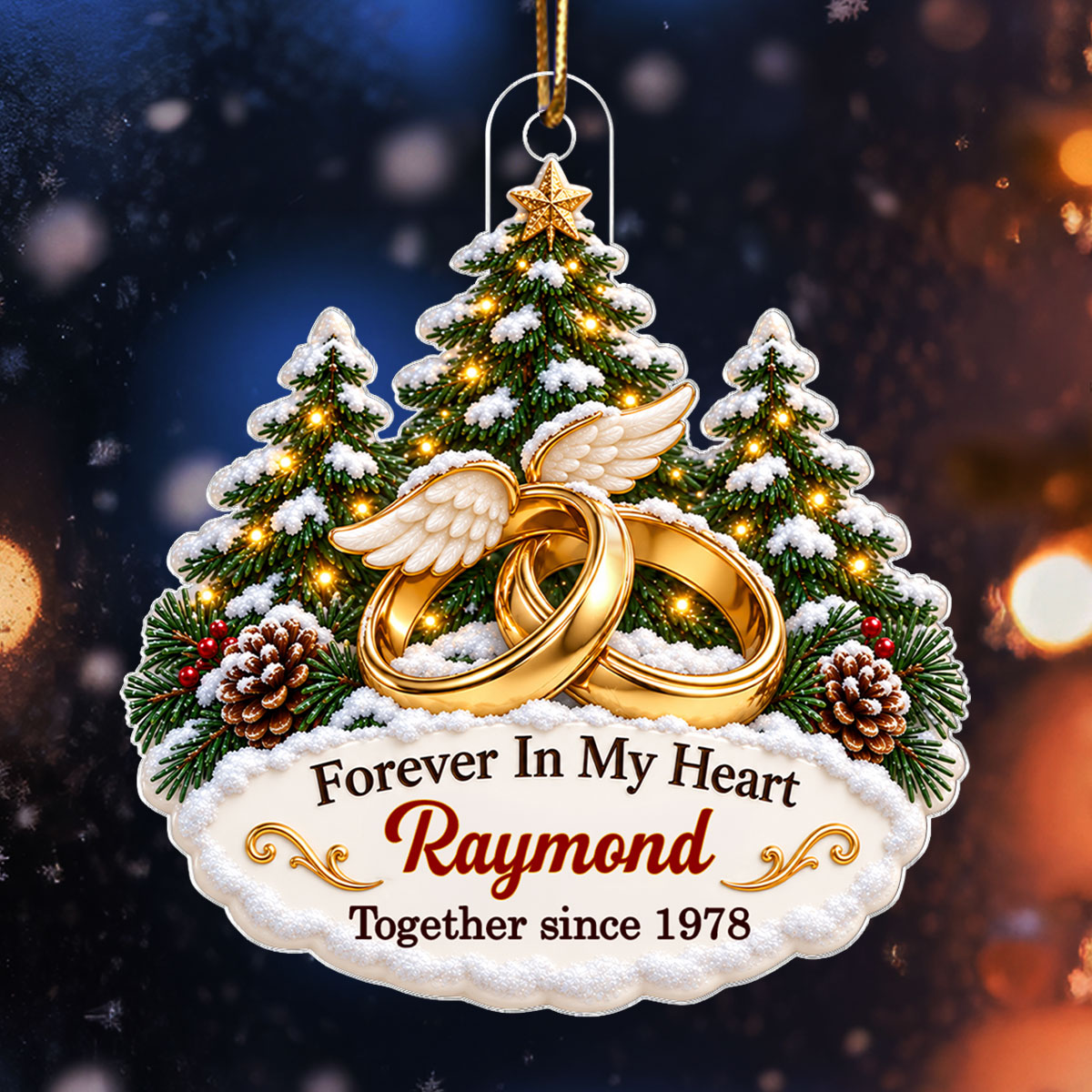Forever In My Heart Wedding Rings With Angel Wings - Personalized Acrylic Ornament - Christmas Memorial Gift For Loss Of Husband, Wife, Loved Ones