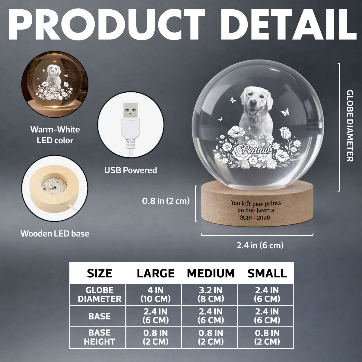 Custom Pet Portrait - Personalized Crystal Ball LED Night Light - Heartfelt Gift for Pet Lovers, Memorial Gift, Pet Remembrance