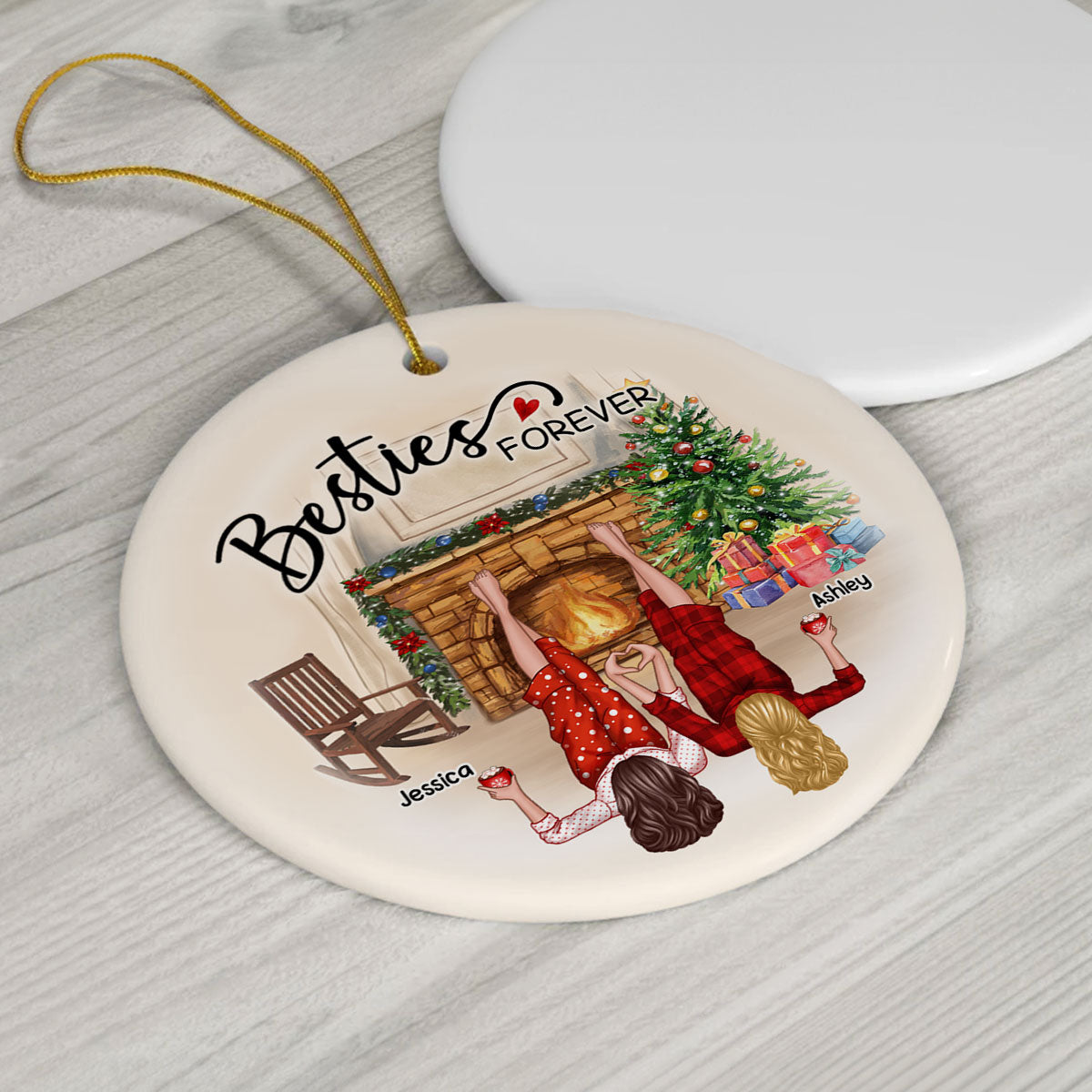 Sisters Besties By The Fireplace Personalized Ceramic Ornament, Christmas Gift for Besties, Sisters