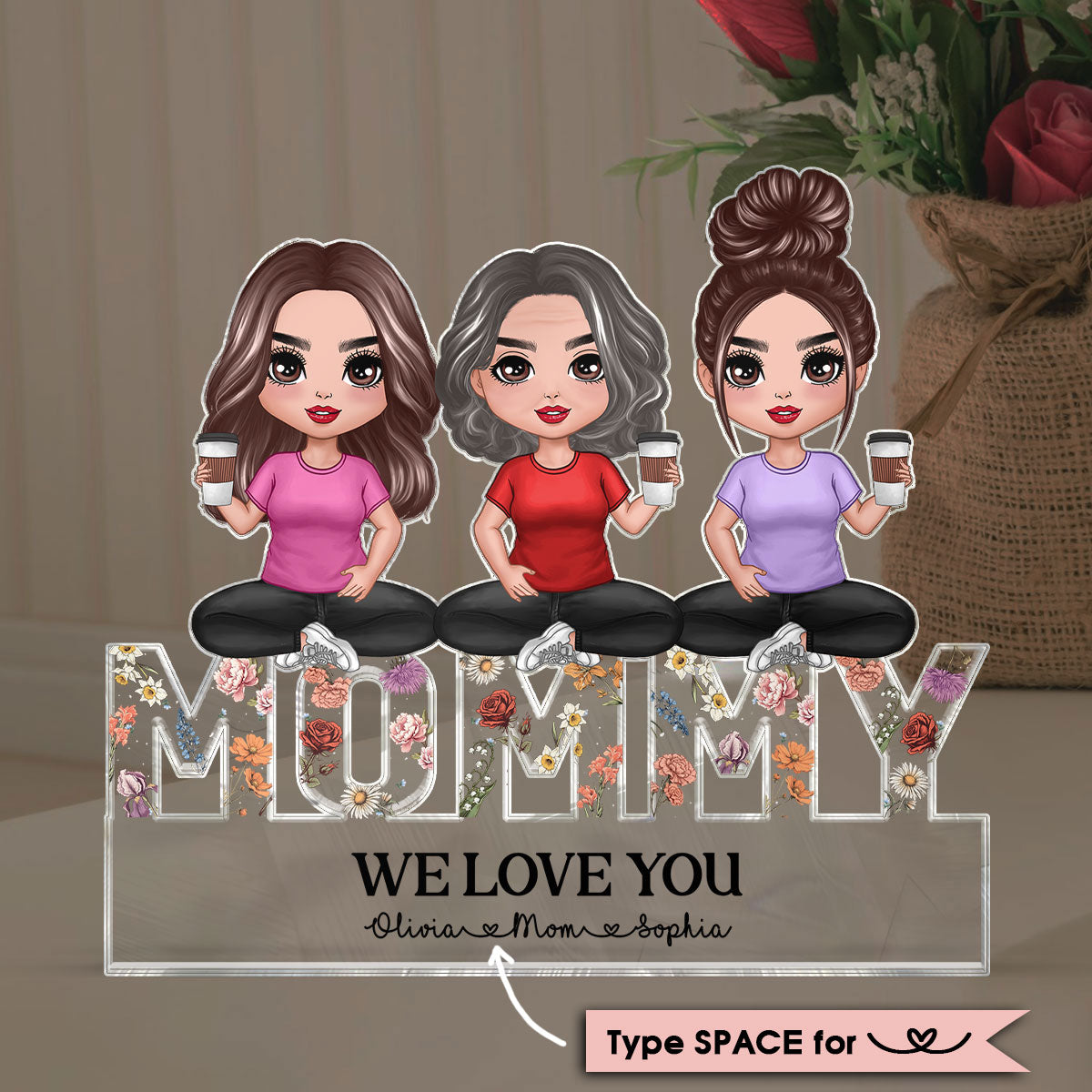 Mom And Daughters Sitting On Word Vintage Flowers Personalized Acrylic Block Plaque