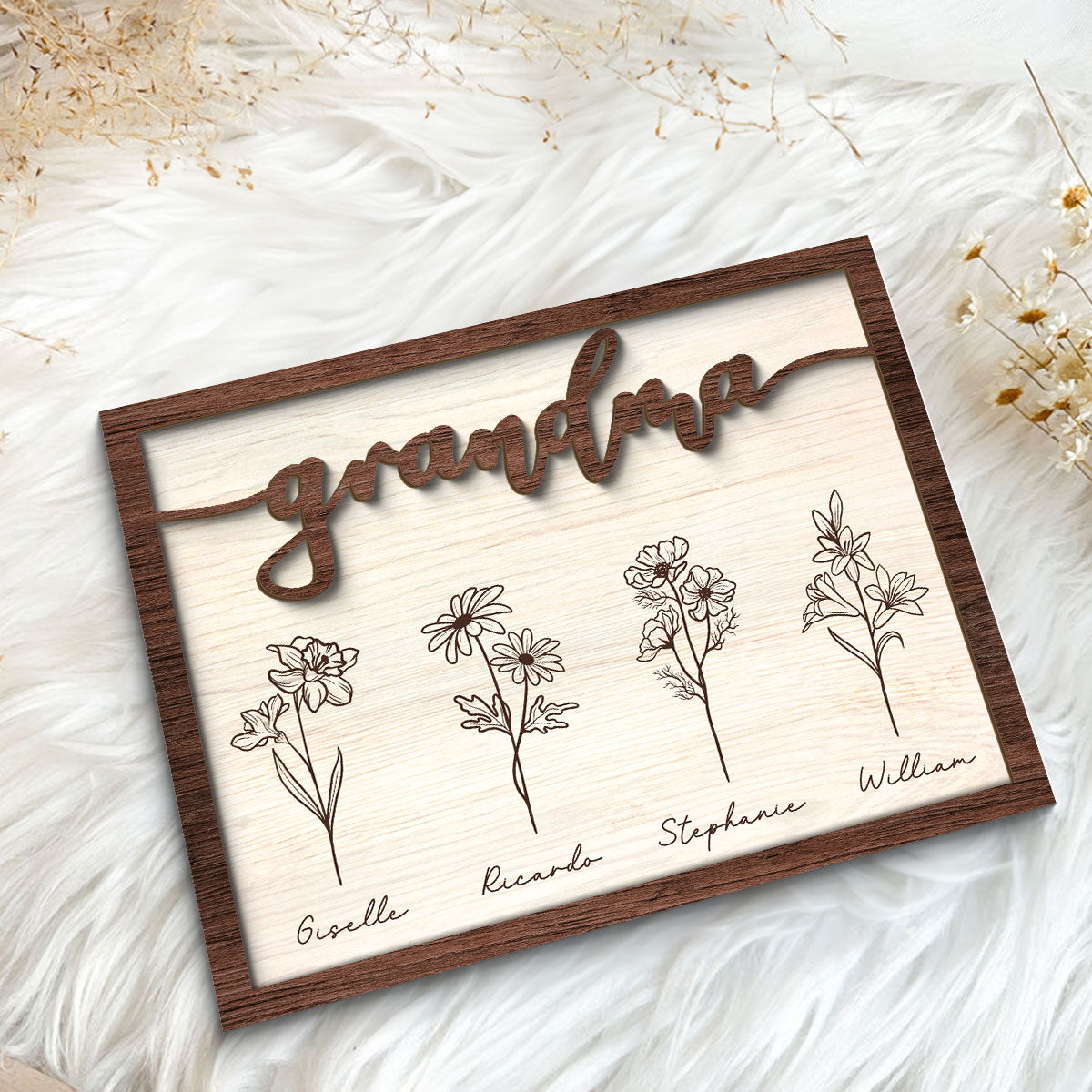 Rustic Grandma Flowers Personalized 2-Layer Wooden Plaque