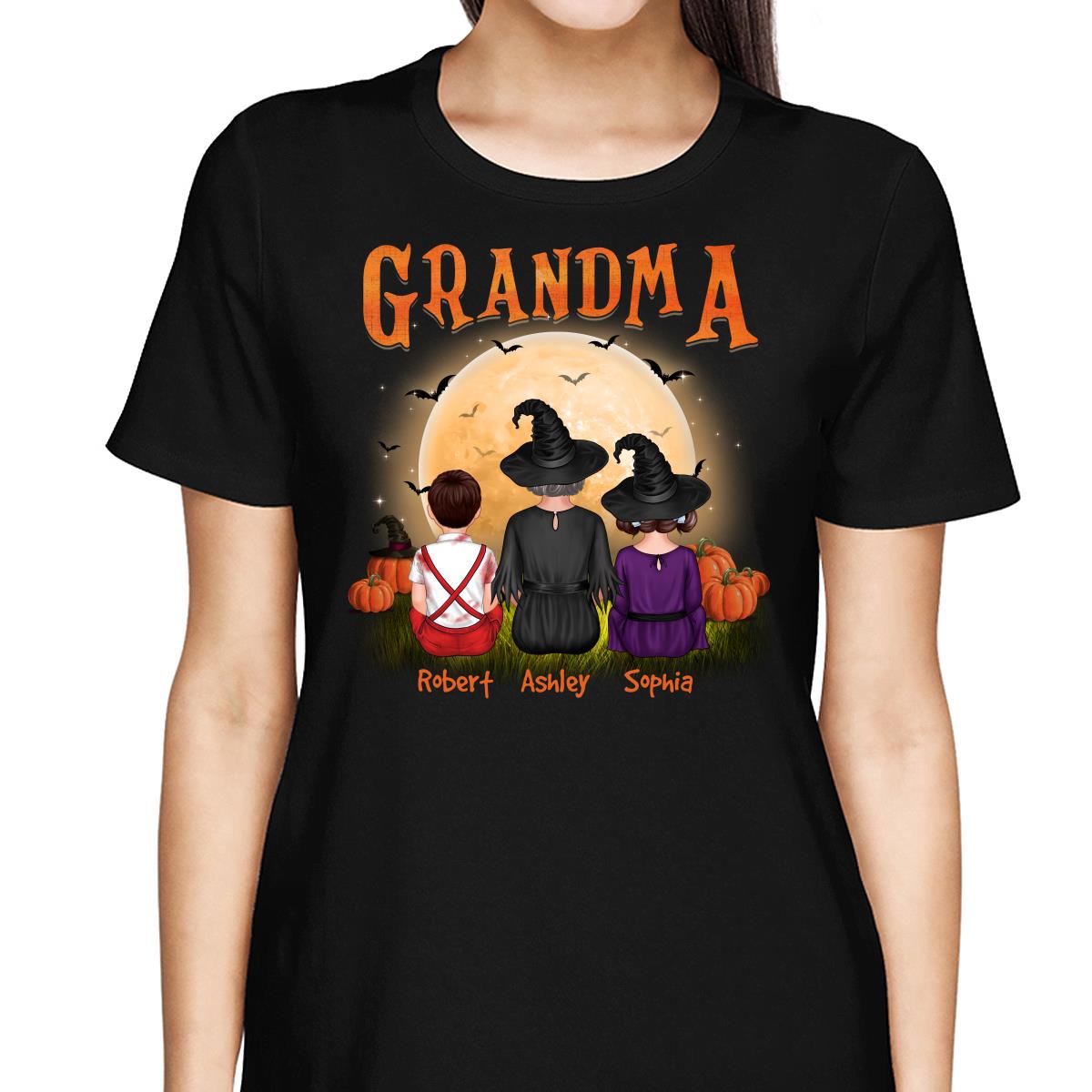 Grandma & Grandkids Back View Under Moonlight Halloween Personalized Shirt