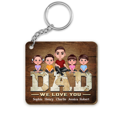 Dad Doll Man And Kids On World Map Text Personalized Wooden Keychain