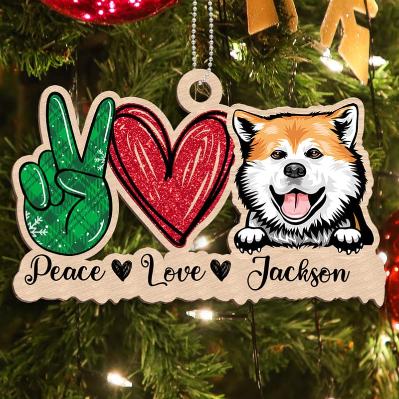 Peace Love Dog Christmas Personalized Wooden Ornament