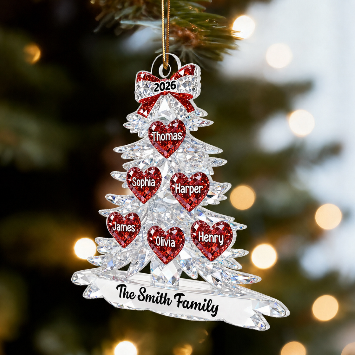 3D Effect Flat Family Christmas Tree Hearts Names - Personalized Acrylic Ornament - Gift For Family