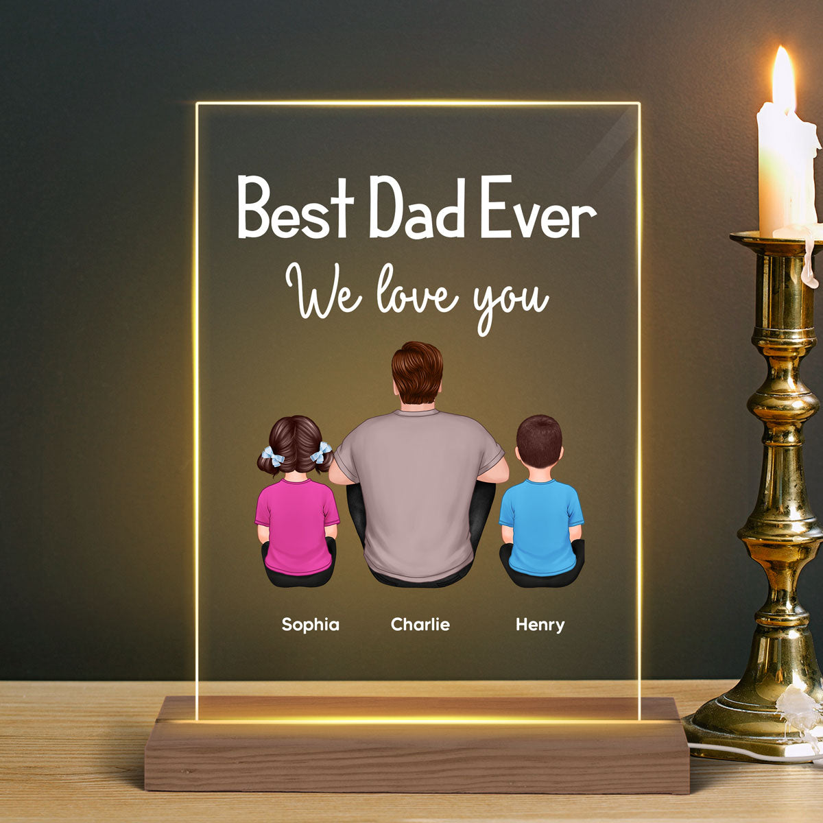 Simple Best Dad Grandpa Ever Back View Man And Kids Dogs Cats Sitting Personalized Personalized Rectangle Acrylic Plaque LED Night Light